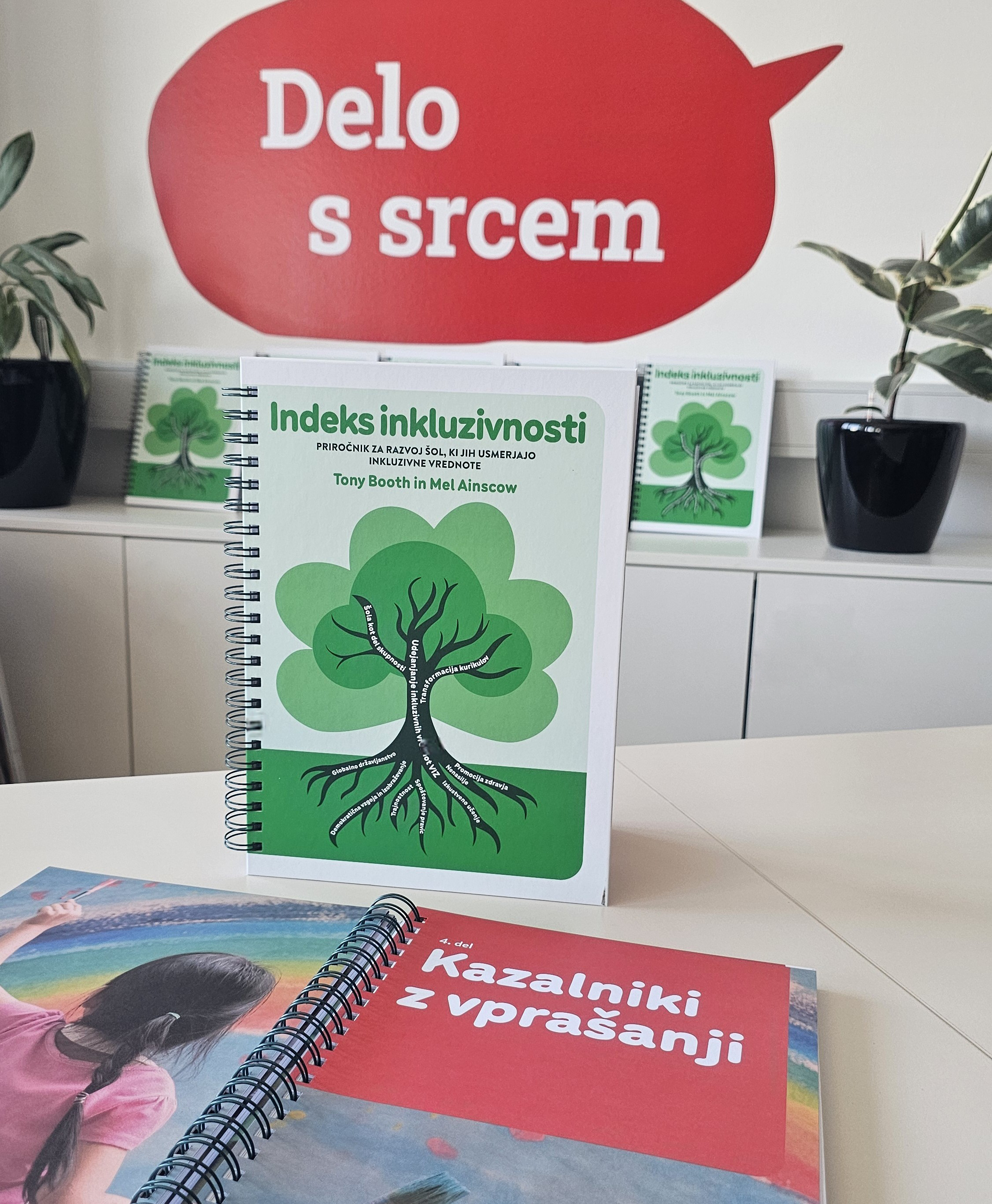 Na sliki je sta tiskana izvoda publikacije Indeks inkluzivnosti. Prvi prikazuje naslovko, drugi pa je odprt na strani z naslovom Kazalniki z vprašanji.